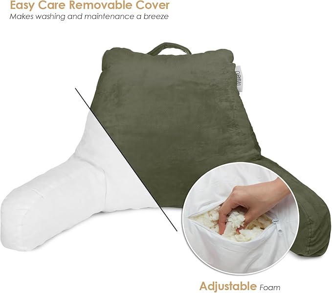 Nestl Reading Pillow for Kids, Small Bed Pillow, Back Pillow for Sitting in Bed, Memory Foam Chair Pillow, Reading & Bed Rest Pillows, Olive Green Back Pillow for Bed, Arm Pillow with Pockets