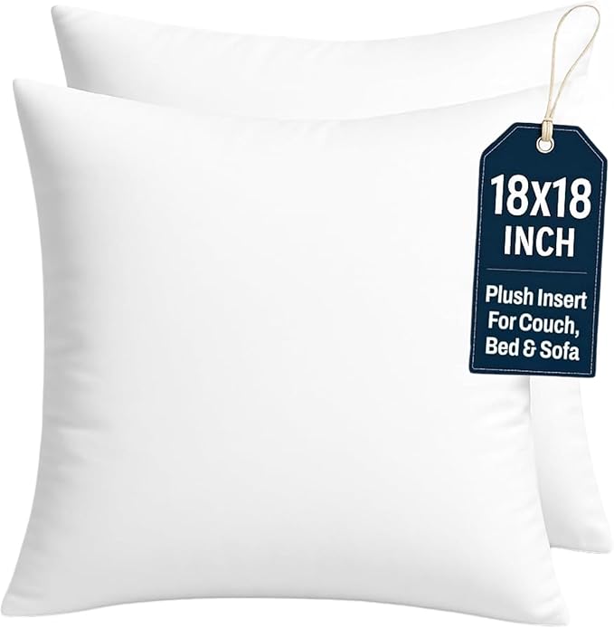 18x18 Throw Pillow Inserts Set of 2 – Decorative Feather Down Cushion Pads for Couch, Sofa & Bed, White Square Pillow Inserts, Machine Washable