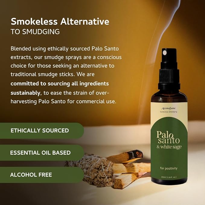 Palo Santo & White Sage Smudge Spray by Aromafume | 1 x 100ml / 3.38 fl oz l Aromatherapy | With Essential oils | Room Linen Spray | Natural Air freshners for home | Spiritual Meditation Accessories