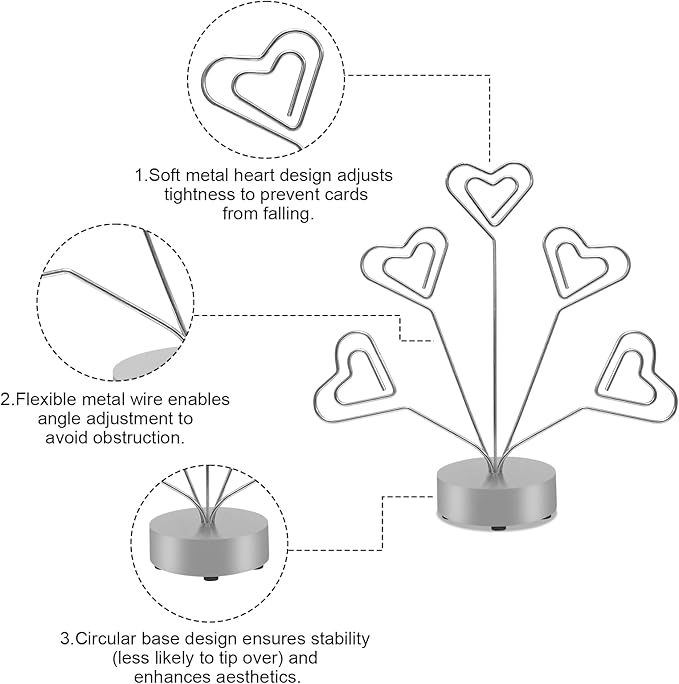 Desktop Heart-Shaped Photo Tree Style Holders Round Base,5-Branch Family Picture Frame Clips Holder Desk Card Display Stand for Christmas,Wedding, Birthday Party,Gift Silver