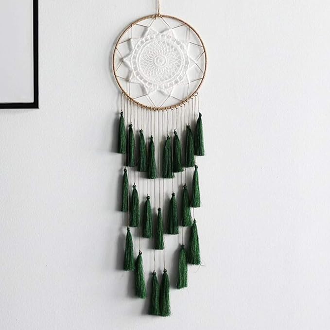 Artilady Macrame Dream Catchers for Bedroom - Tassel Wall Hanging Handmade Dreamcatchers Home Decor with Tassel Feather Ornament Craft Blessing Gift (Dark Green)