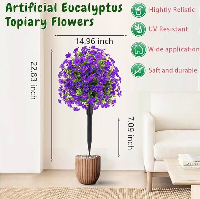 22.8" Set of 2 Fall Artificial Boxwood Topiary Ball Trees with Spikes,UV Resistant Fake Outdoor shrubs with Violet Flowers, Realistic Faux Plants Bushes for Garden Porch Yard Patio Decor(Purple)