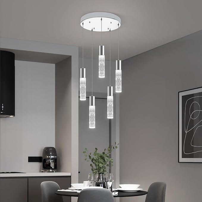 OKELI 5-Light Pendants Light for Kitchen Island Dining Room, 6000K Bubble Crystal Modern LED Kitchen Hanging Lights, 30W Chrome Pendant Lighting Fixture, Round