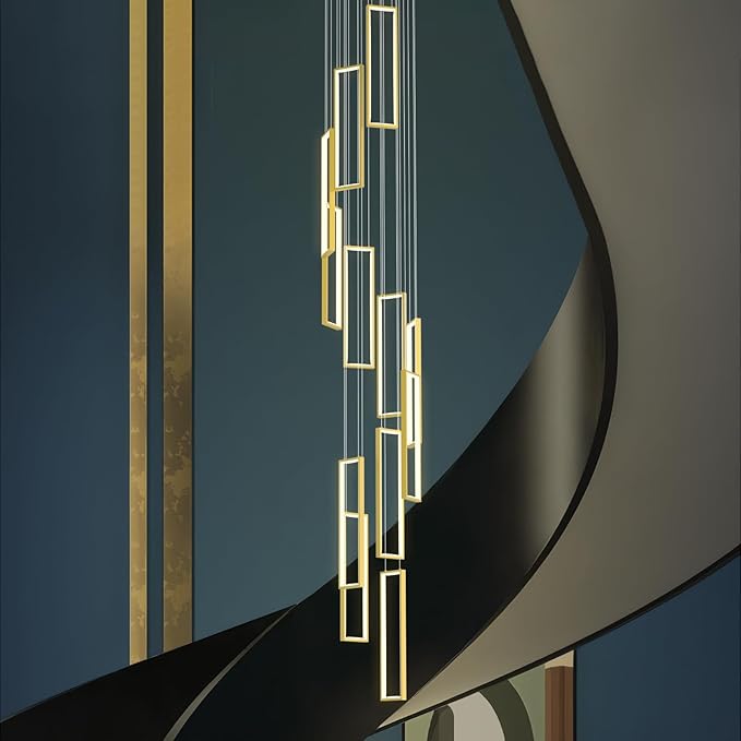 Modern Adjustable Height Pendant Light Fixture Gold 252W LED Pendant Lights 12 Rings Rectangular Chandelier Staircase Large Chandelier Lobby Living Room Foyer High Ceiling Chandeliers