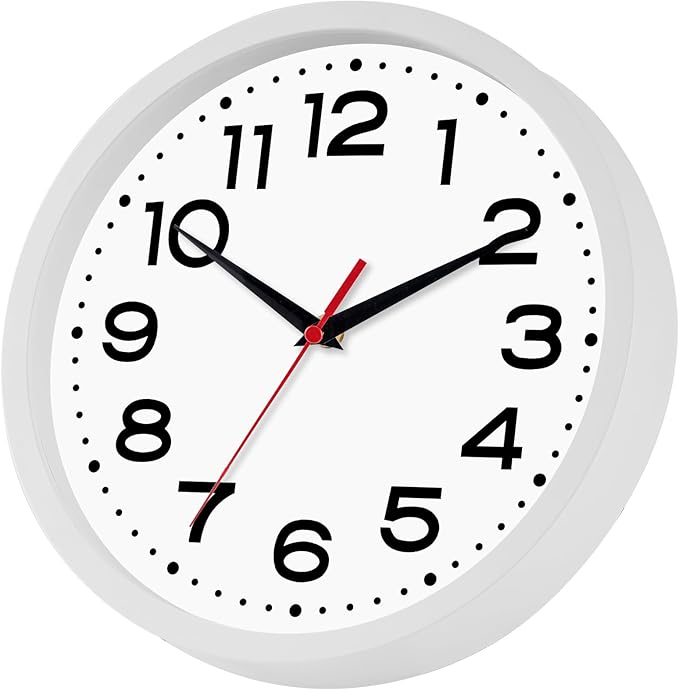 Wall Clock Silent Non-Ticking Modern Clock Battery Operated 10 Inch Small Classic Analog Decorative for Kitchen, Living Room, Office, Bedroom, Bathroom (White)