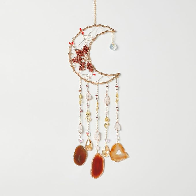 Twined Waterlily Moon Gemstone Agates Dream Catcher 7 Chakras Tree of Life Dream Catcher with Healing Crystal Handmade Dreamcatcher Wall Decor for Adults Boys Girls,Bedroom,Wedding,Garden,Bless Gift