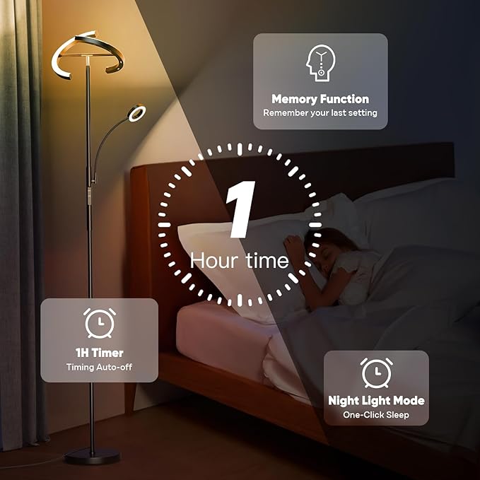 Upgraded RGBCW Floor Lamp with Reading Lamp, Rotatable Remote Control LED Standing Lamp Dimmable Floor Light Modern Standing Light for Living Room Bedroom Home Office, 36W, Black