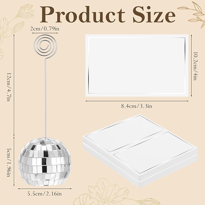 24 Pcs Disco Ball Table Number Holders, 2 Inch Silver Place Card with Swirl Wire Name Cards, Picture Holder for Tables, Photo Stand Clips for Christmas Wedding Party Favor