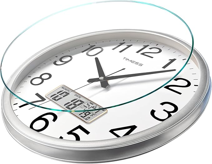 Wall Clock, 16 Inch Non-Ticking Silent Battery Operated Quartz Analog with LCD Display for Perpetual Calendar and F° Temperature, Ideal Modern Home, Bedroom, Kitchen, Office Décor (Sliver)