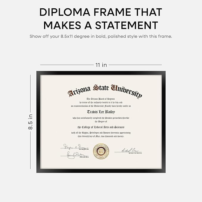 Homeforia Black Diploma Frame 8.5 x 11, High End Metal 8.5x11 Certificate Frames, 11x8.5 inch Document Frame for Wall or Tabletop, 8.5 by 11 Award Letter Size Frame, Tempered Glass, Wall Kit, Set of 1