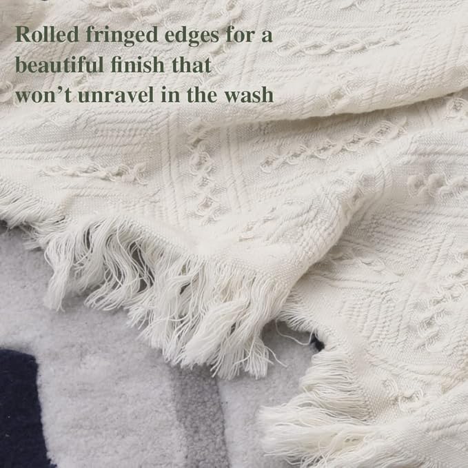 Simple&Opulence 100% Cotton Throw Blanket for Bed, Couch, Boho Luxury Geometric Knit Woven Blanket with Tassels Soft Lightweight Cozy Breathable, Vintage Farmhouse Decoration for All-Season(White)