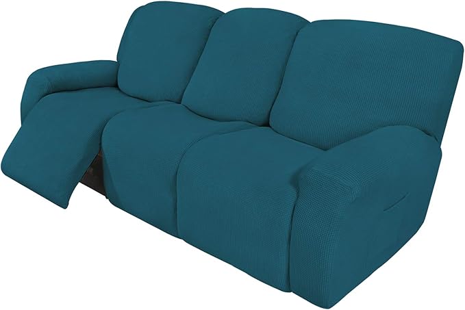 Easy-Going 8 Pieces Recliner Sofa Stretch Sofa Slipcover Sofa Cover Furniture Protector Couch Soft with Elastic Bottom Kids, Spandex Jacquard Fabric Small Checks Peacock Blue