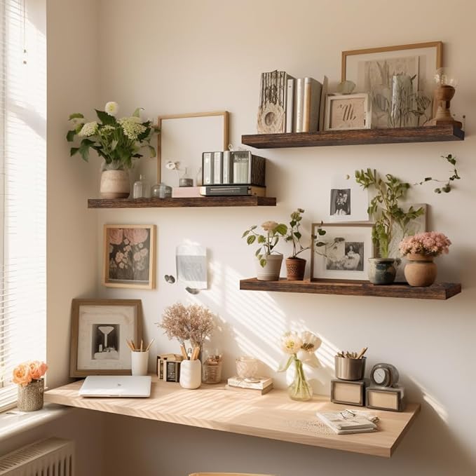 LaVie Home Floating Shelves, 24 Inch Wall Shelf Set of 2, Hanging Shelf with Invisible Brackets, Wall Decor for Bathroom, Bedroom, Living Room, Kitchen Storage, Rustic Brown