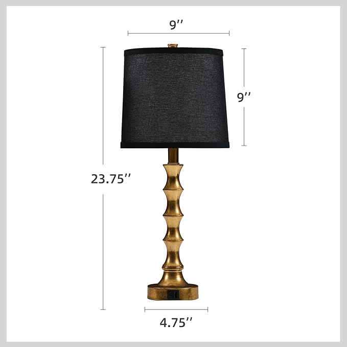 Gold Table Lamp 24" Nightstand Lamps Set of 2 Bamboo Shape Base Metal Desk Lamps with Linen Black Shade Modern Bedside Nightlight with USB A+C Ports Rustic Table Lamp for Farmhouse Dining Room