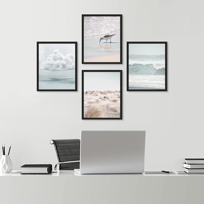 SIGNWIN Framed White Nautical Ocean Sea Beach Grass Seagull Wall Art, Set of 4 Landscape Colorful Wall Decor Prints, Nature Wilderness Wall Décor for Living Room, Bedroom - 12"x16" Black