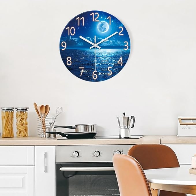 XFM Large Wall Clock Battery Operated 20 Inch Moon Lake Clock for Living Room Analog Blue Wall Clock Silent Non Ticking