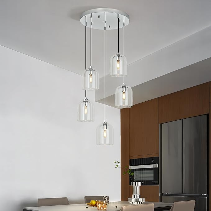 Modern Chrome Pendant Lights Kitchen Island Ceiling Chandelier Indoor Crystal Hanging Light Fixtures for Dining Room Kitchen Living Room Bedroom（5Light）
