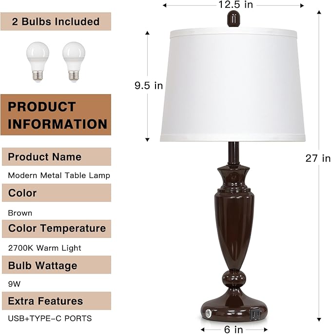 27'' Brown Living Room Lamps Set of 2, 3 Way Touch Control Table Lamps with USB A+C Ports, Modern Bedside Lamps, Elegant Metal Nightstand Lamps for Bedroom Office End Table Decoration