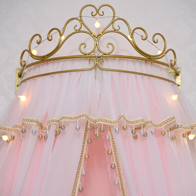Girl Bed Curtain Princess Crown Mosquito Netting Children Room Decor Bedside Yarn Net Romantic Princess Tents Bed Canopy Valance (Light Pink)