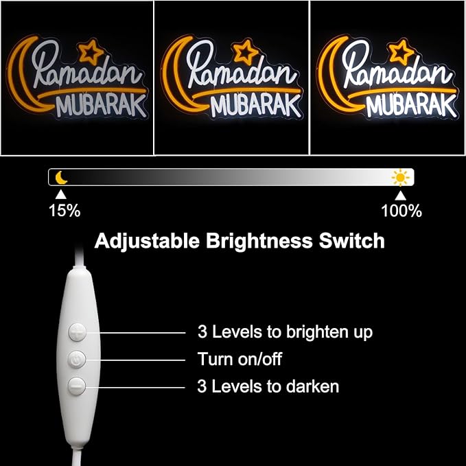 Ramadan Mubarak Neon Sign Islamic Wall Art Eid Mubarak Sign Moon Star LED Neon Light Dimmable Ramadan Neon LED Sign Bismillah Wall Sign Ramadan Mubarak Decorations Eid Al Fitr Supplies