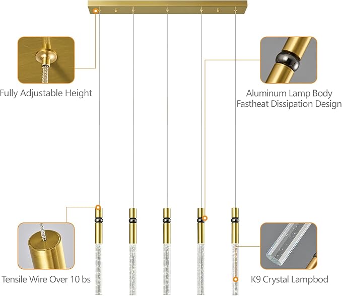 5 Light Pendant Lighting Dining Room Light Fixture Dimmable LED Modern Gold Pendant Light with Bubble Crystal Pendant Lights Kitchen Island