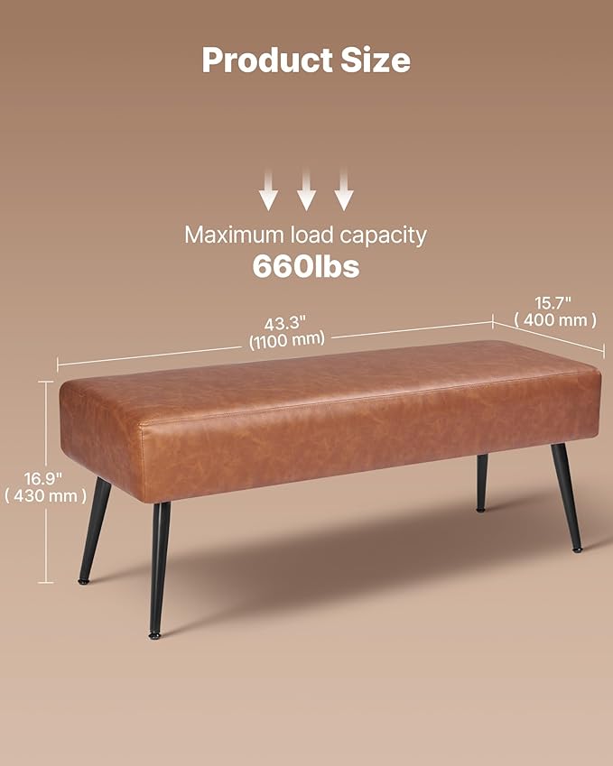 VEVOR Leather Bedroom Bench, PU Leather Bench with Metal Legs and with Stitching for Entryway, Upholstered Shoe Bench Seat, Modern End of The Bed Benches for Living Room, Dining Room, Hallway, Brown