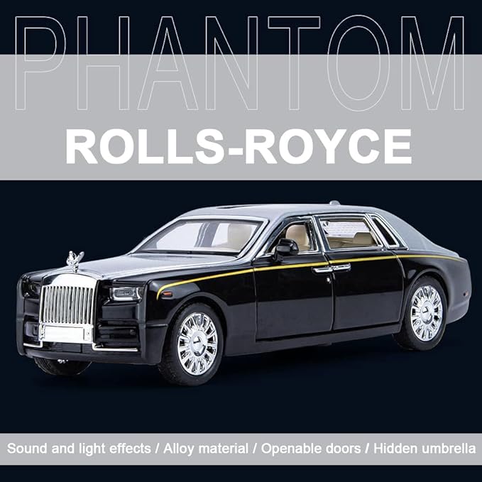 Alloy Collectible Rolls-Royce Phantom Model Toy Car, 1/32 Scale Diecast Car Model Pull Back Vehicles Phantom Toy with Sound & Light, Car Logo Can be Folded