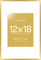 Homeforia 12x18 Picture Frame Gold, High End Metal 12x18 Poster Frames with Mat 8.5x11 Photo, 12 x 18 Gold Frame Matted to 8.5 by 11 Print, 18x12 Thin Hanging Frame, Tempered Glass, Wall Kit, Set of 1