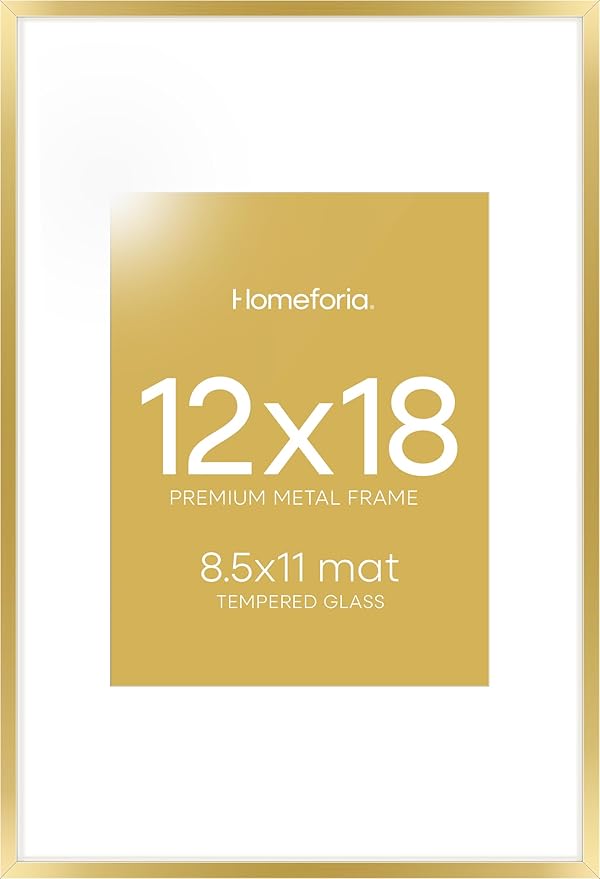 Homeforia 12x18 Picture Frame Gold, High End Metal 12x18 Poster Frames with Mat 8.5x11 Photo, 12 x 18 Gold Frame Matted to 8.5 by 11 Print, 18x12 Thin Hanging Frame, Tempered Glass, Wall Kit, Set of 1