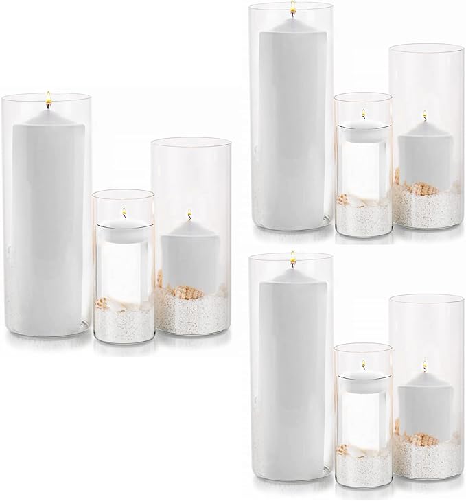 Glass Hurricane Candle Holder Esmiome - Cylinder Vases for Centerpieces 3 Sets (9Pcs) Hurricane Floating Candle Holder, Glass Vases for Flowers, Decorative for Home Wedding, 6'' + 8'' +10''(High)
