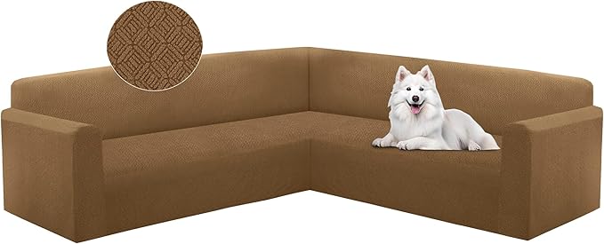 HDCAXKJ Sectional Couch Cover L Shape Stretch Sofa Covers Washable Jacquard Corner Couch Slipcover Non Slip Sectional Slip Cover U Shaped Furniture Protector for Pets Dogs (Light Brown, Large)