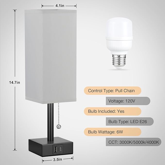 Gray Small Bedroom Lamp - 3 Color Temperature 3000K 5000K 4000K Bedside Lamp, Pull Chain Control, USB A and C Charging Ports, Black Base, for Kids Office Dorm, Bulb Included