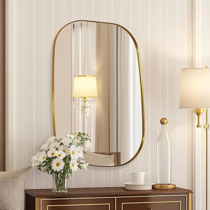 ANDY STAR Gold Bathroom Mirror, 22"x30" Brushed Brass Asymmetrical Wall Mirror in Stainless Steel Metal Frame, Unique Vanity Mirror with Modern Curved Design, Ideal for Bathroom, Bedroom, Entryway