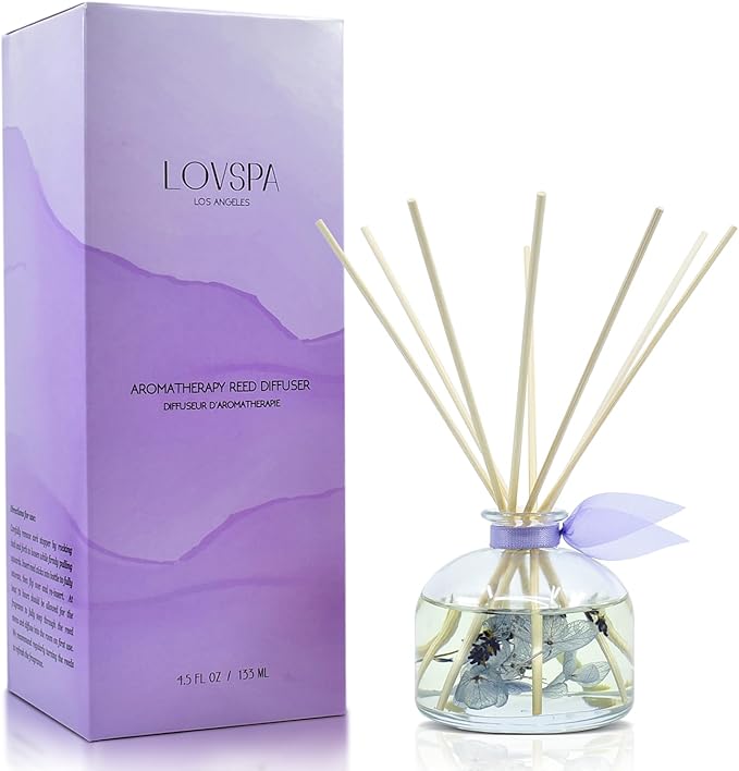 LOVSPA Reed Diffuser Set, Calm Spanish Blue Lavender Scented Oil Diffuser with Sticks, Home Fragrance Accessories for Bathroom Shelf Decor, Aroma Diffusers for Home or Office Desk, USA Made