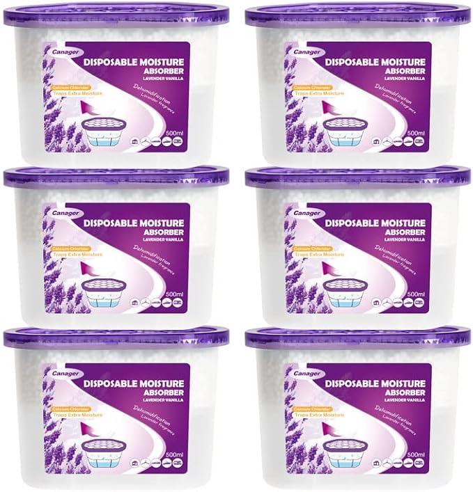 CANAGER Lavender Vanilla Moisture Absorber Box,Odor Eliminator and Dehumidifier Boxes for Closet,Bedroom,Kitchen,Bathroom-6 Packs,Cups - Traps Moisture for Fresher, Cleaner Air Purple