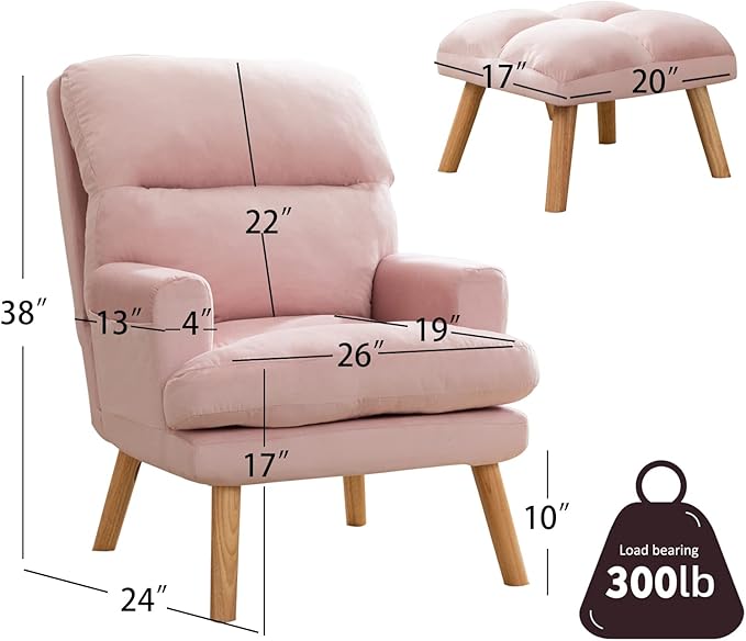 CANMOV Modern Accent Chair with Ottoman, Soft Fabric Armchair with Adjustable Backrest and Side Pockets, Comfy Lounge Chair for Living Room, Bedroom, Apartment, Office, Pink
