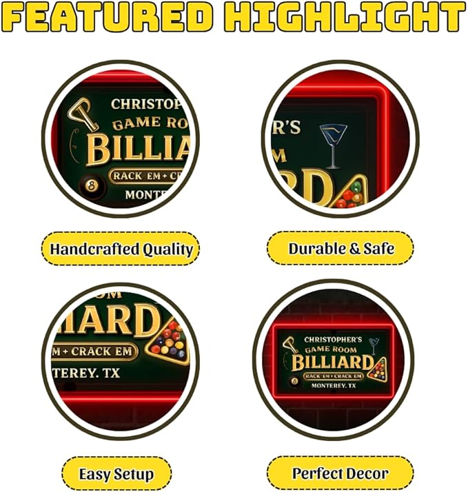 Personalized Billiards Neon Sign, Custom UV Printed Billiard LED Lights Signs, Decorative Wall Art, Lounge, Garage, Man Cave, Bar, Gaming Room Decor, Gifts For Men, Dad, Father, Friends