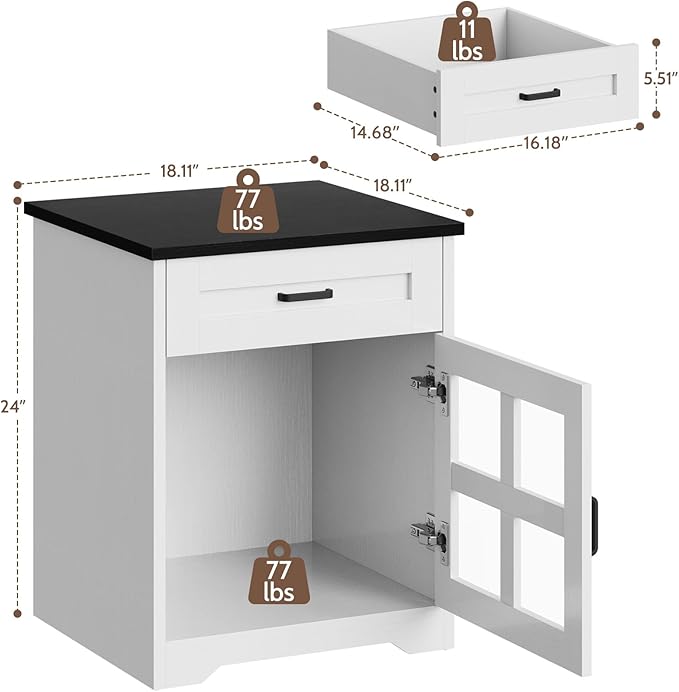 Farmhouse End Table with Drawer, 18" Large Side Table with Storage Cabinet and Acrylic Door, Wood Nightstand Bedside Table for Living Room, Bedroom (White)