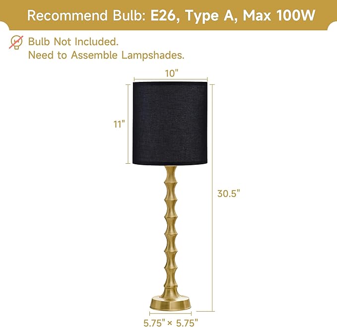 30.5" Gold Table Lamps with Black Shade Set of 2, Golden Buffet Table Lamp for Living Room, Modern Black Gold Lamps Set of 2 Tall Skinny, Tall Golden Bamboo Lamp for Home Office