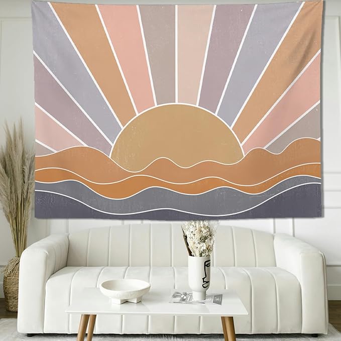 keowhsf Boho Sun Mountain Tapestry Wall Hanging - Retro 70s Vintage Rainbow Sunrise Sunset Design, Abstract Geometric Hippie Art Tapestry for Bedroom, Living Room & Dorm Decor