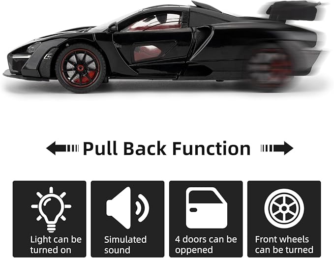 1:24 Scale Car Model Compatible for Collectible McLaren Senna Super Sports Car Toys, Zinc Alloy Pull Back Toy Vehicle with Sound and Light for Adult Boys Girls 3 4 5 6 7 8 (Black)