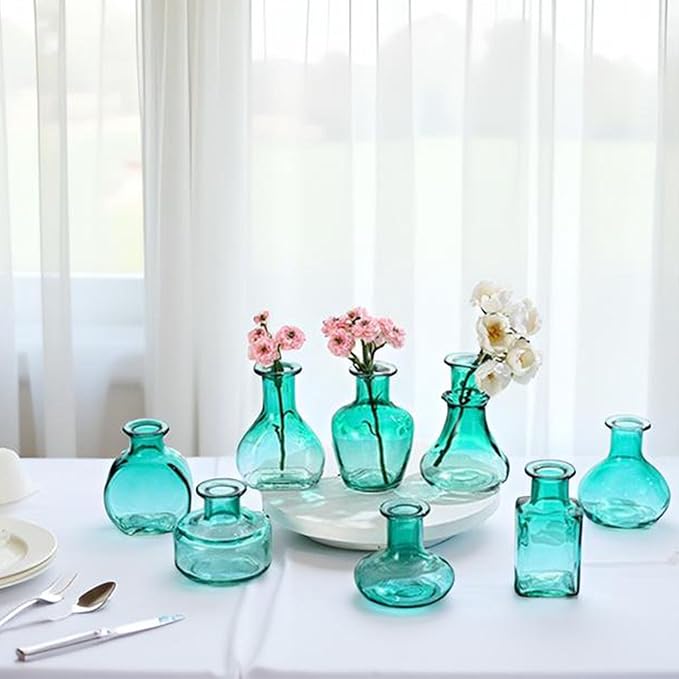 Bud Vases in Bulk Small Glass Green Vase Set of 8 Different Shape Smooth Surface Vintage Mini Tiny Vases Modern Cute for Flowers Table Wedding Decor Centerpieces Home Party Dining Room