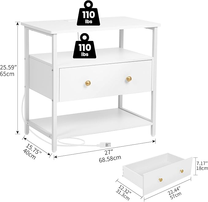 27 Inch Wide Night Stand Set 2 with Charging Station, Wood Nightstand with Open Shelf, Large Drawer Bedside Table for Living Room/Bedroom/Office (White)