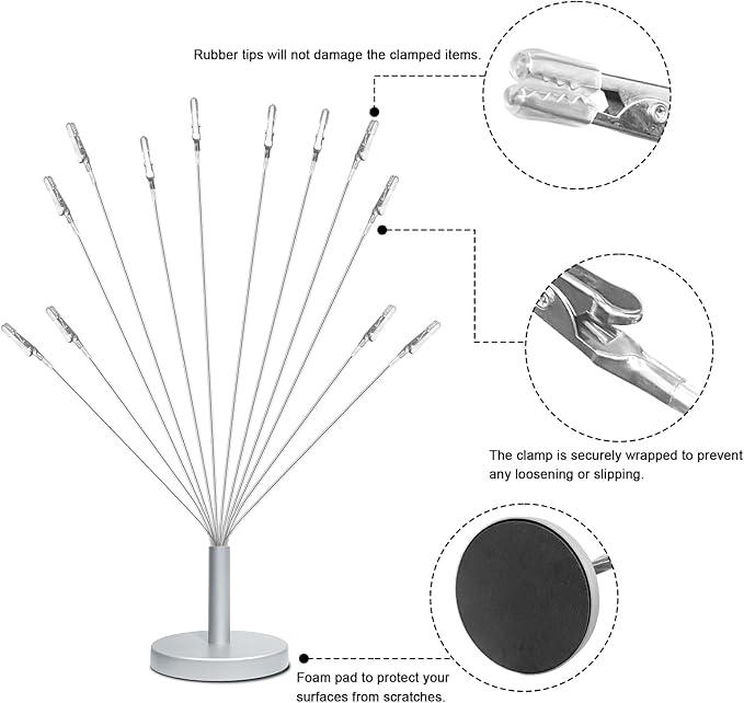 Silver Photo Tree Holder with Metal Base,12 Clips Flexible & Durable Branches Money Trees Gift Card Holder with Clips,Picture Trees to Hold Photos for Christmas Wedding Greeting Birthday Party Gift