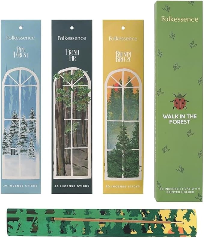 Folkulture Incense Sticks with Holder for Gift | Set of 3 Insenses (60 Insence-Sticks) | Organic Balsam Breeze, Fresh Fir | Pine Forest Non Toxic Incents, Incents or Inscents-Sticks (Forest)
