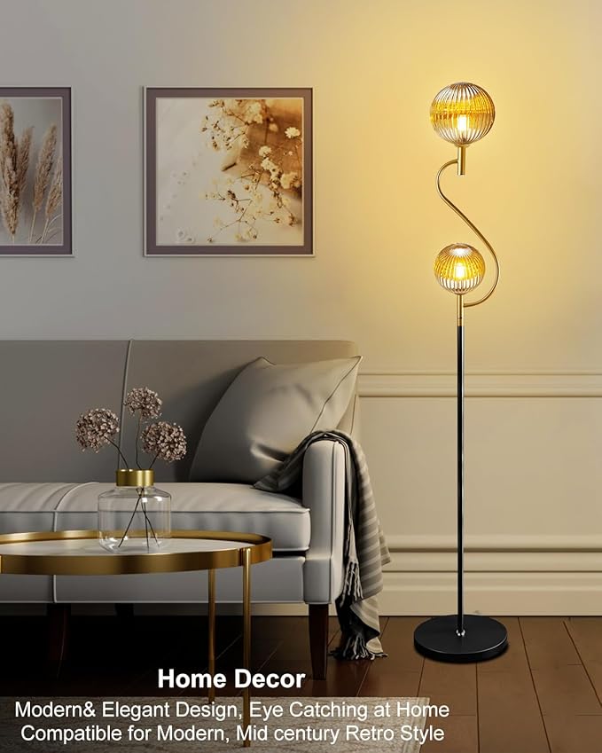 Lightdot Gold & Black Floor Lamp, Mid Century Standing Lamps with Globe Teaed-Strip Glass Shade Soft Warm White Eye Care 3000K Bulbs Included, Modern Tall Floor Lamp for Living Room Bedroom
