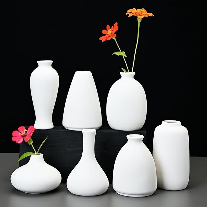 Set of 9 Ceramic Bud Vases for Pampas Grass Flowers, Small Vases in Bulk for Centerpieces Boho Vases for Wedding Decorations Neutral Living Room and Bedroom Decor DIY Gift (White)