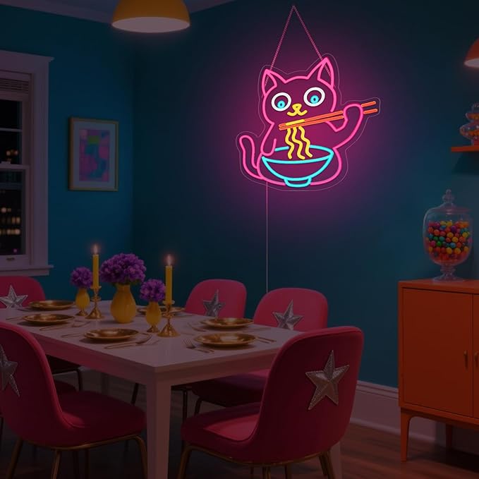 Ramen Cat Neon Sign for Wall Decor, Cute Cat Neon Sign Ramen LED Signs for Wall Art Decor Restaurant Home Bar Kitchen Dining Bedroom Art Decor Christmas Gifts