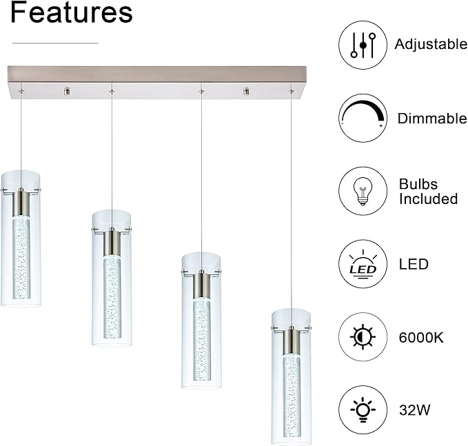 Kitchen Lighting Pendant Fixtures 4-Light LED Pendant Ceiling Fixture Brushed Nickel Bubble Cylinder Pendant Light with Adjustable Length for Kitchen Island Dinning Room Bedroom