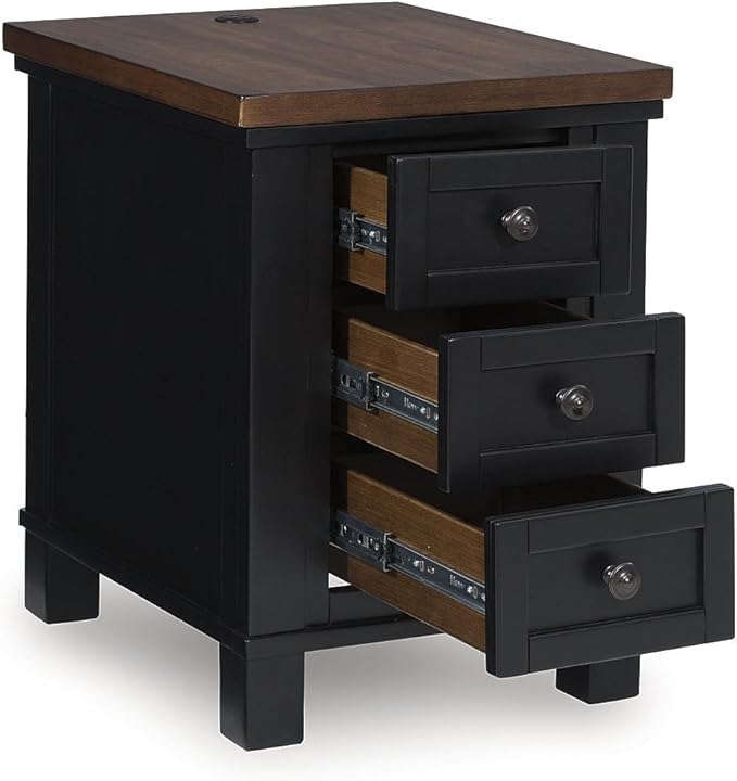 Signature Design by Ashley Wildenauer Farmhouse 3-Drawer Chairside End Table with USB Ports, Light Brown & Black